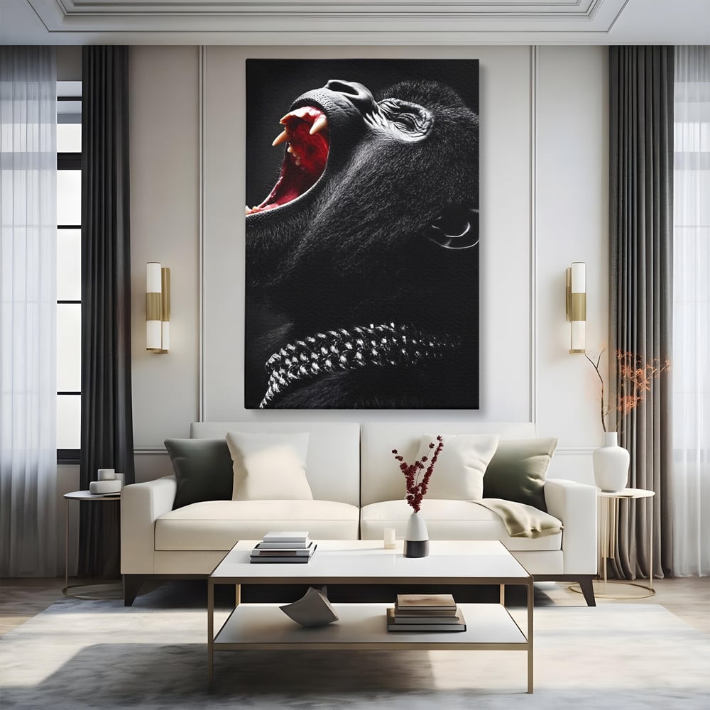 Tablou canvas cu tablou canvas cu gorila furioasa, fara rama, pe sasiu de lemn, pe perete intr-un living